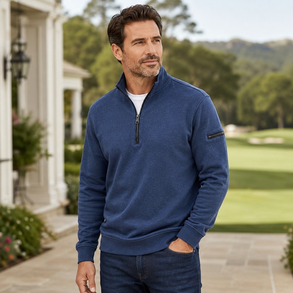 Bugatchi Mens Navy Sweater Fleece 1/4 Zip Pullover‎ Sleeve Pocket Medium